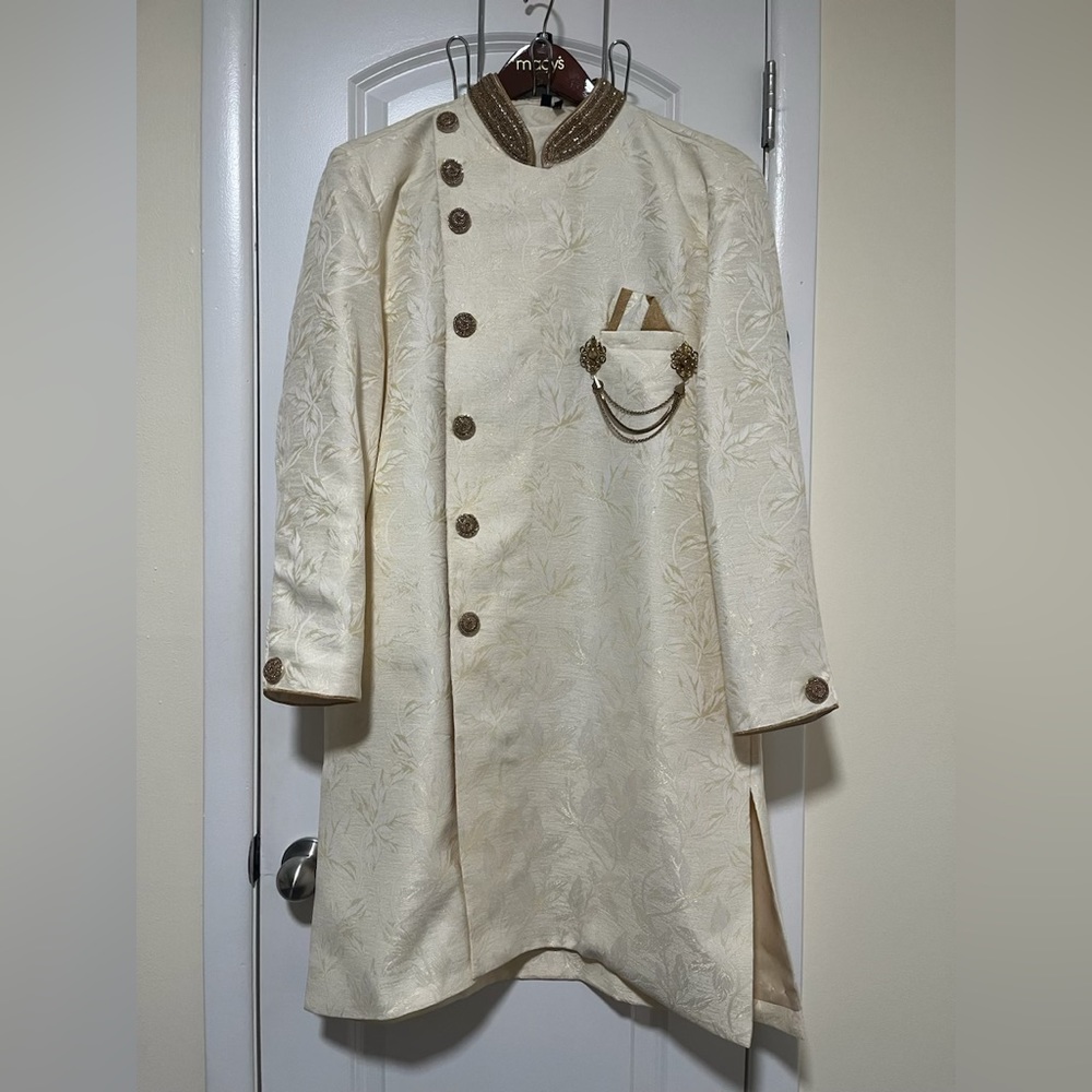 Cream Sherwani with Blue accents